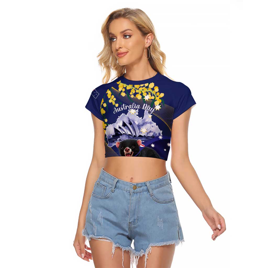 Tasimania Devil Australia Day Raglan Cropped T Shirt Aussie Aussie Aussie Oi! Oi! Oi! - Blue
