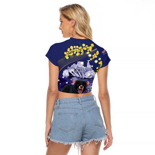 Tasimania Devil Australia Day Raglan Cropped T Shirt Aussie Aussie Aussie Oi! Oi! Oi! - Blue