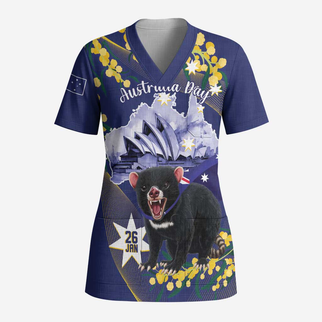 Tasimania Devil Australia Day Scrub Top Aussie Aussie Aussie Oi! Oi! Oi! - Blue - Aussie Hoodie