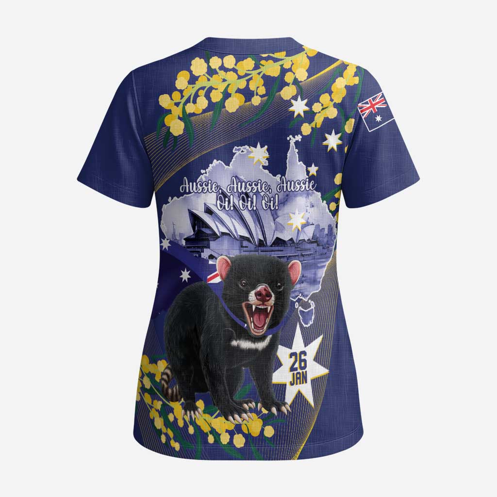 Tasimania Devil Australia Day Scrub Top Aussie Aussie Aussie Oi! Oi! Oi! - Blue - Aussie Hoodie