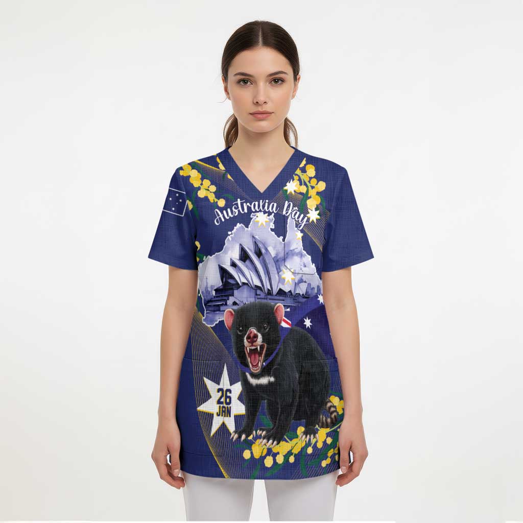 Tasimania Devil Australia Day Scrub Top Aussie Aussie Aussie Oi! Oi! Oi! - Blue - Aussie Hoodie
