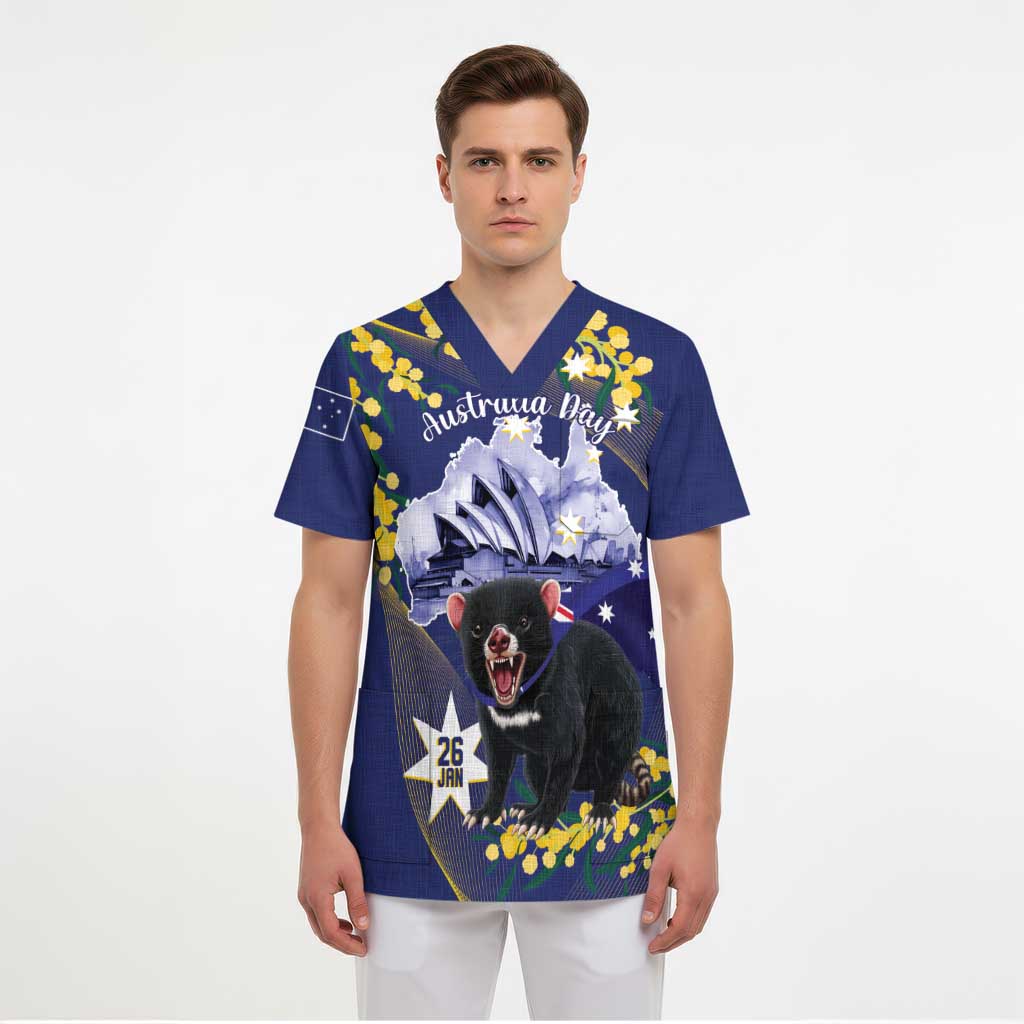 Tasimania Devil Australia Day Scrub Top Aussie Aussie Aussie Oi! Oi! Oi! - Blue - Aussie Hoodie