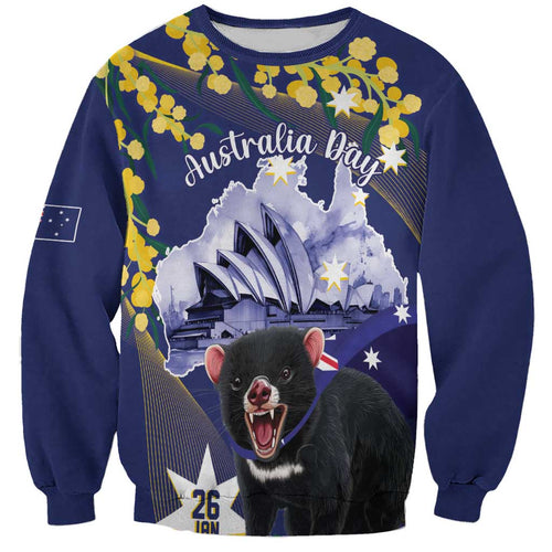 Tasimania Devil Australia Day Sweatshirt Aussie Aussie Aussie Oi! Oi! Oi! - Blue