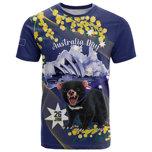 Tasimania Devil Australia Day T Shirt Aussie Aussie Aussie Oi! Oi! Oi! - Blue