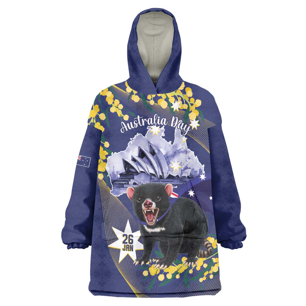 Tasimania Devil Australia Day Wearable Blanket Hoodie Aussie Aussie Aussie Oi! Oi! Oi! - Blue