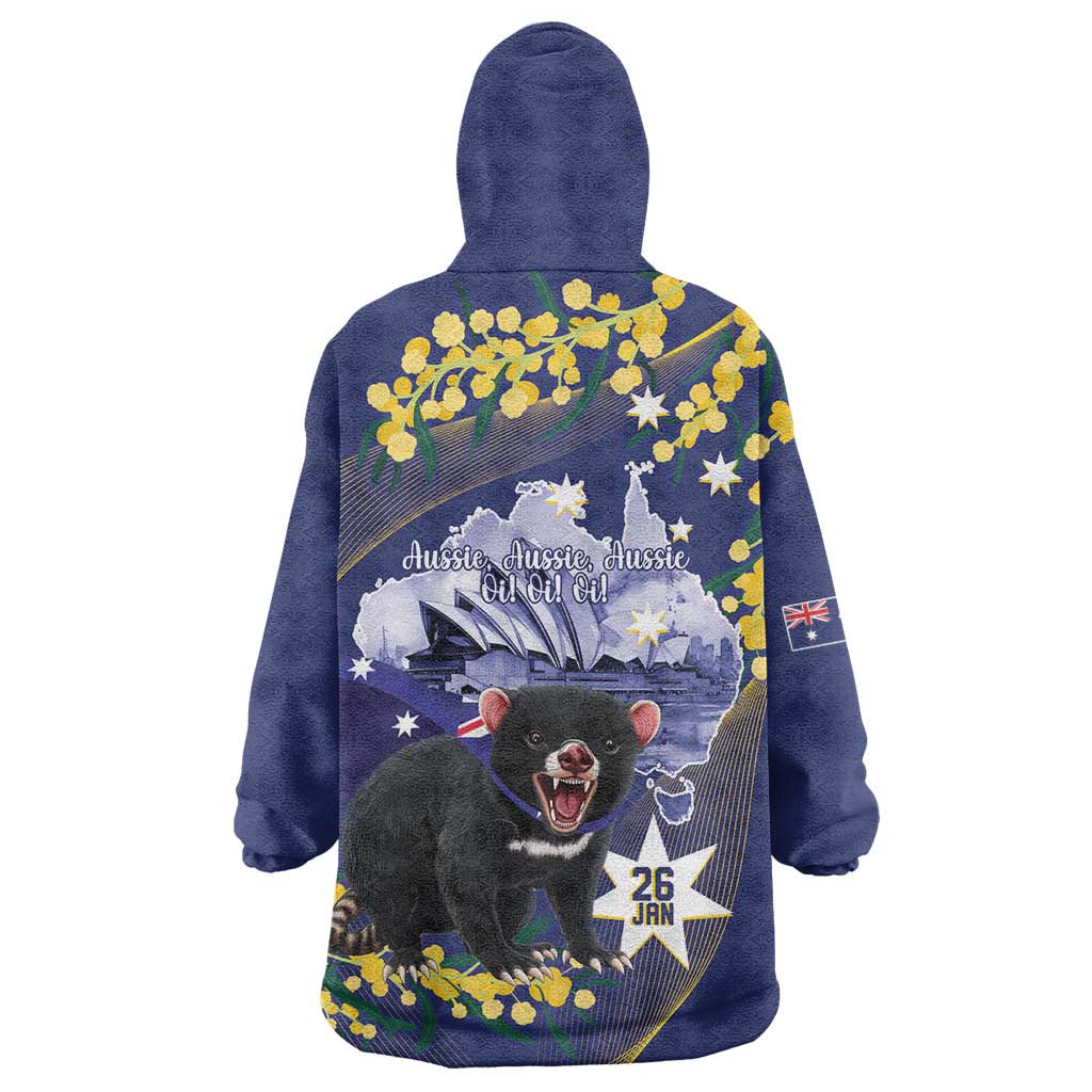 Tasimania Devil Australia Day Wearable Blanket Hoodie Aussie Aussie Aussie Oi! Oi! Oi! - Blue