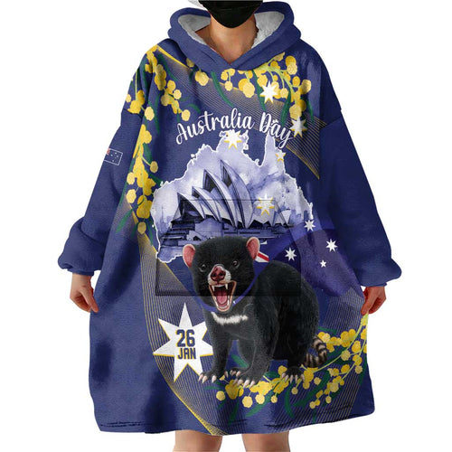 Tasimania Devil Australia Day Wearable Blanket Hoodie Aussie Aussie Aussie Oi! Oi! Oi! - Blue