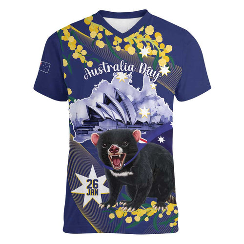 Tasimania Devil Australia Day Women V-Neck T-Shirt Aussie Aussie Aussie Oi! Oi! Oi! - Blue