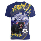 Tasimania Devil Australia Day Women V-Neck T-Shirt Aussie Aussie Aussie Oi! Oi! Oi! - Blue