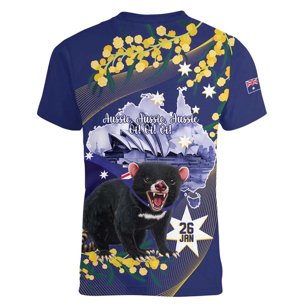 Tasimania Devil Australia Day Women V-Neck T-Shirt Aussie Aussie Aussie Oi! Oi! Oi! - Blue
