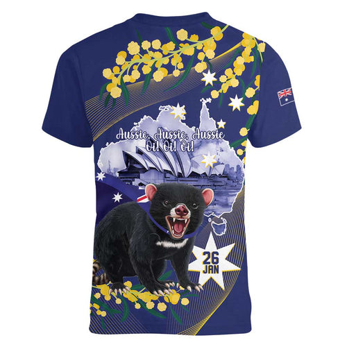 Tasimania Devil Australia Day Women V-Neck T-Shirt Aussie Aussie Aussie Oi! Oi! Oi! - Blue