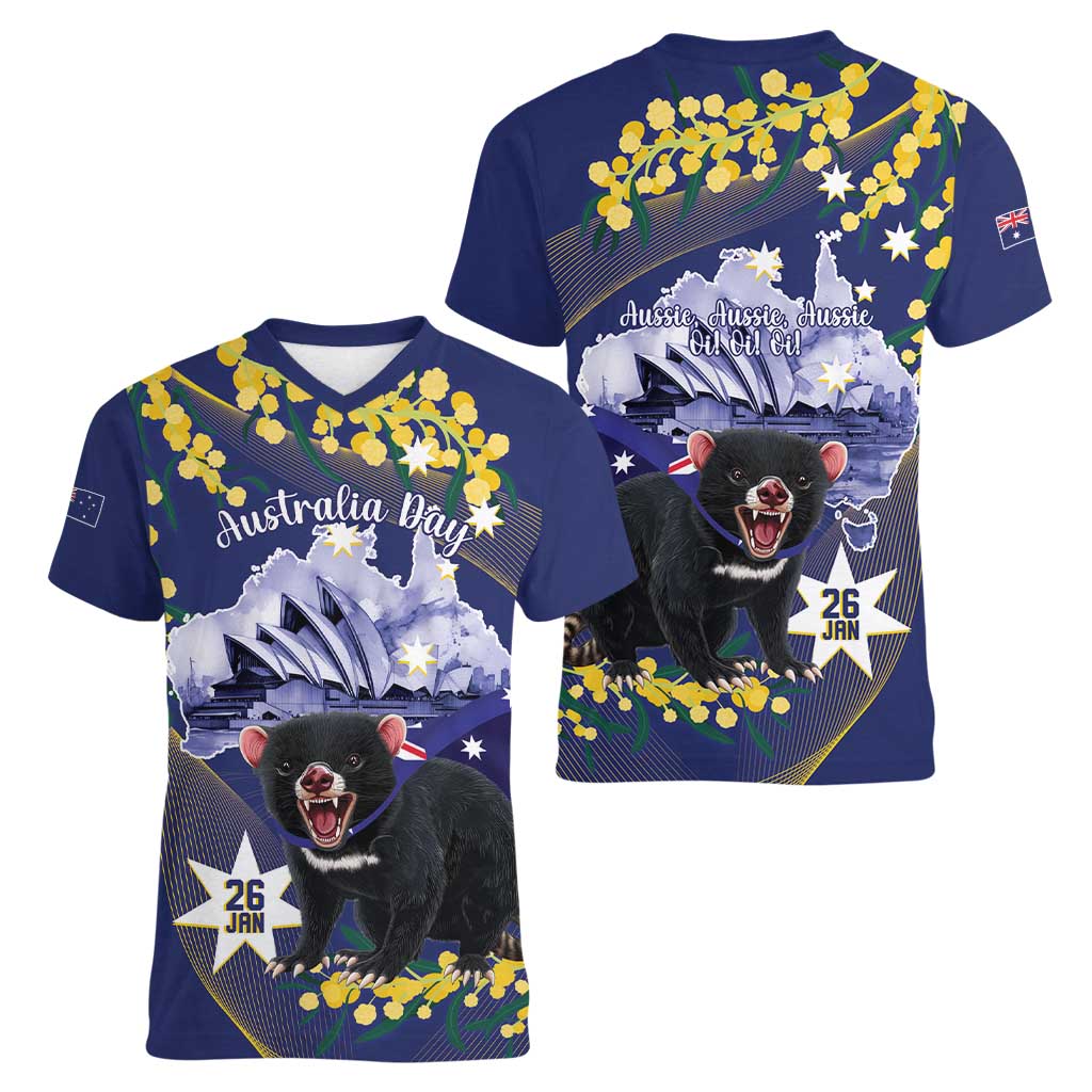 Tasimania Devil Australia Day Women V-Neck T-Shirt Aussie Aussie Aussie Oi! Oi! Oi! - Blue