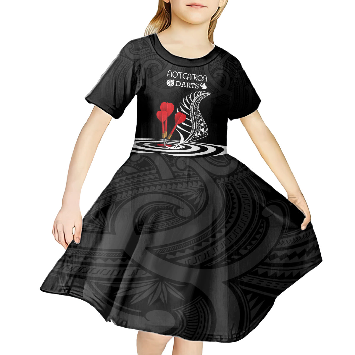 personalised-new-zealand-darts-kid-short-sleeve-dress-aotearoa-maori-fern-bring-it-on