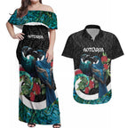 Personalised Valentine's Day New Zealand Couples Matching Off Shoulder Maxi Dress and Hawaiian Shirt Tui Bird Couple Kowhaiwhai Mix Pohutukawa