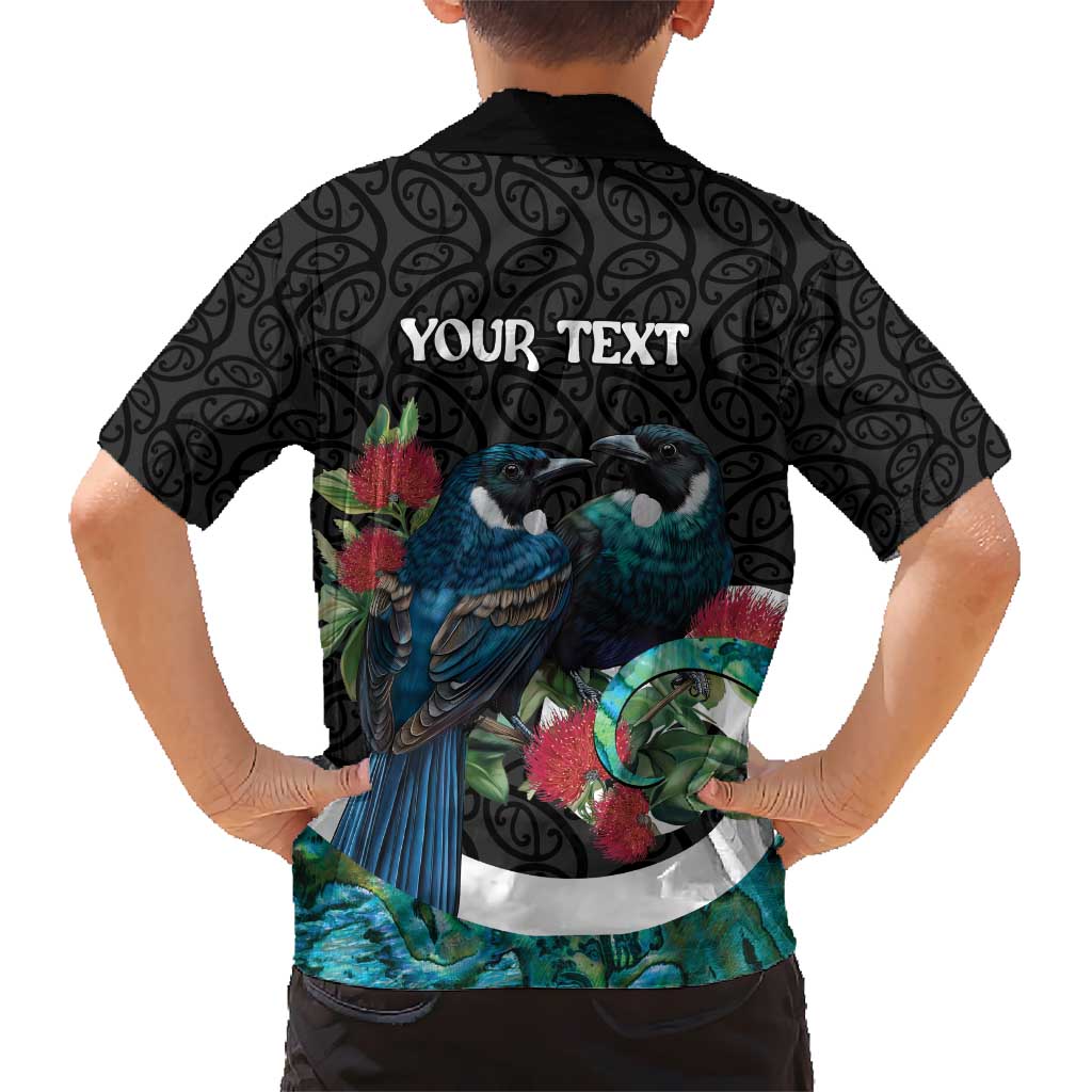 Personalised Valentine's Day New Zealand Kid Hawaiian Shirt Tui Bird Couple Kowhaiwhai Mix Pohutukawa