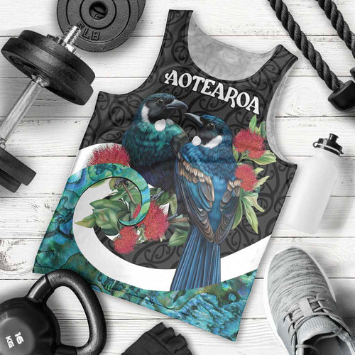Personalised Valentine's Day New Zealand Men Tank Top Tui Bird Couple Kowhaiwhai Mix Pohutukawa