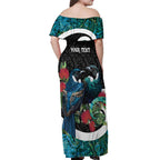 Personalised Valentine's Day New Zealand Off Shoulder Maxi Dress Tui Bird Couple Kowhaiwhai Mix Pohutukawa