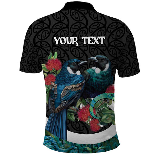 Personalised Valentine's Day New Zealand Polo Shirt Tui Bird Couple Kowhaiwhai Mix Pohutukawa