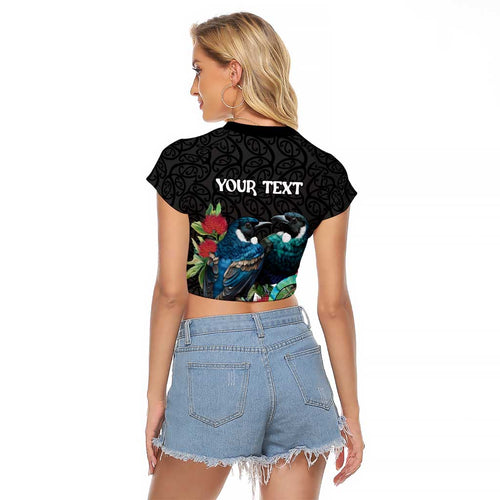 Personalised Valentine's Day New Zealand Raglan Cropped T Shirt Tui Bird Couple Kowhaiwhai Mix Pohutukawa