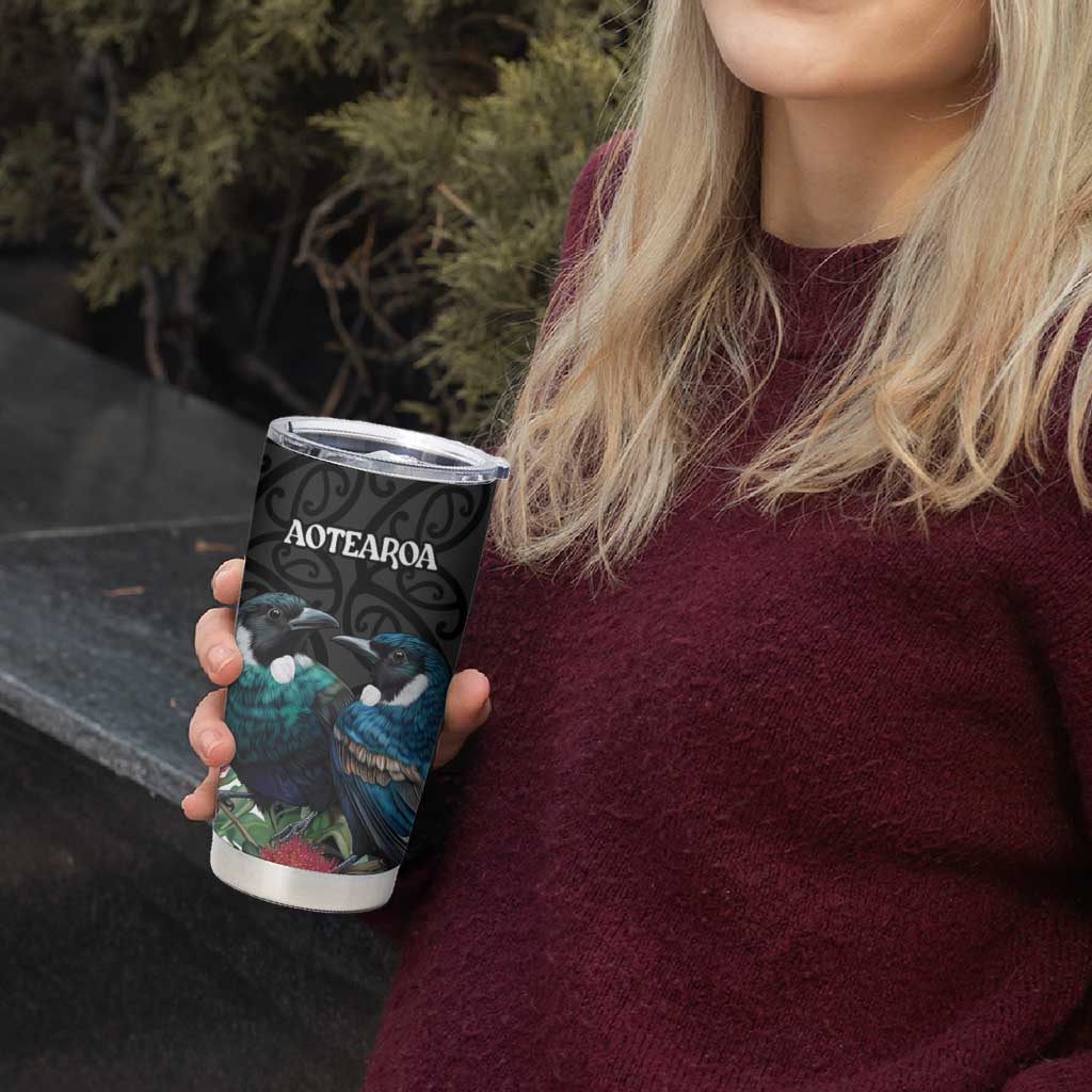 Personalised Valentine's Day New Zealand Tumbler Cup Tui Bird Couple Kowhaiwhai Mix Pohutukawa