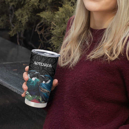 Personalised Valentine's Day New Zealand Tumbler Cup Tui Bird Couple Kowhaiwhai Mix Pohutukawa