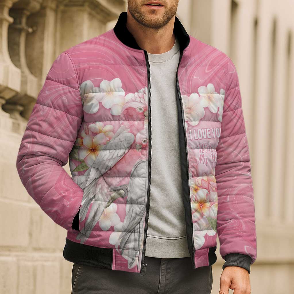 Personalised Pink Galah Australia Valentine's Day Bomber Puffer Jacket I Love You With All My Heart - Aussie Hoodie