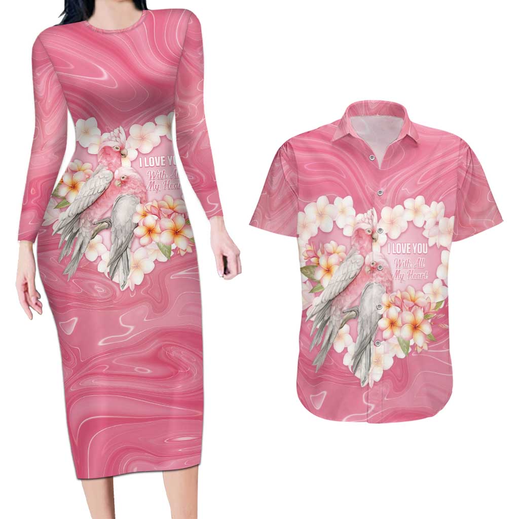 Personalised Pink Galah Australia Valentine's Day Couples Matching Long Sleeve Bodycon Dress and Hawaiian Shirt I Love You With All My Heart - Aussie Hoodie