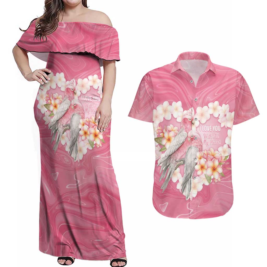 Personalised Pink Galah Australia Valentine's Day Couples Matching Off Shoulder Maxi Dress and Hawaiian Shirt I Love You With All My Heart - Aussie Hoodie