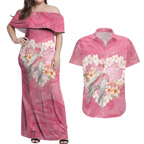 Personalised Pink Galah Australia Valentine's Day Couples Matching Off Shoulder Maxi Dress and Hawaiian Shirt I Love You With All My Heart - Aussie Hoodie