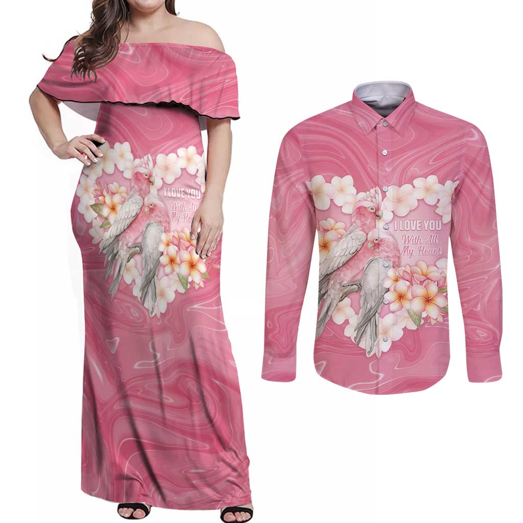 Personalised Pink Galah Australia Valentine's Day Couples Matching Off Shoulder Maxi Dress and Long Sleeve Button Shirt I Love You With All My Heart - Aussie Hoodie