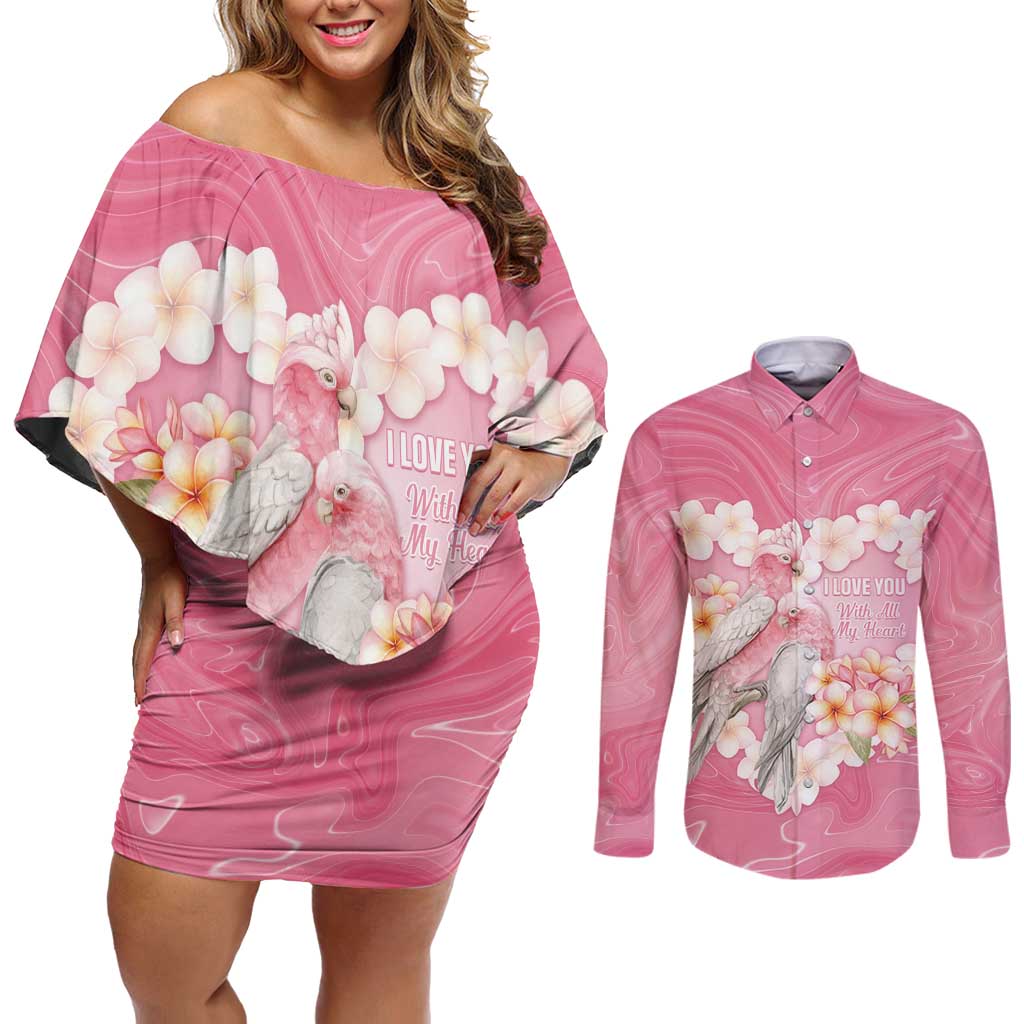 Personalised Pink Galah Australia Valentine's Day Couples Matching Off Shoulder Short Dress and Long Sleeve Button Shirt I Love You With All My Heart - Aussie Hoodie