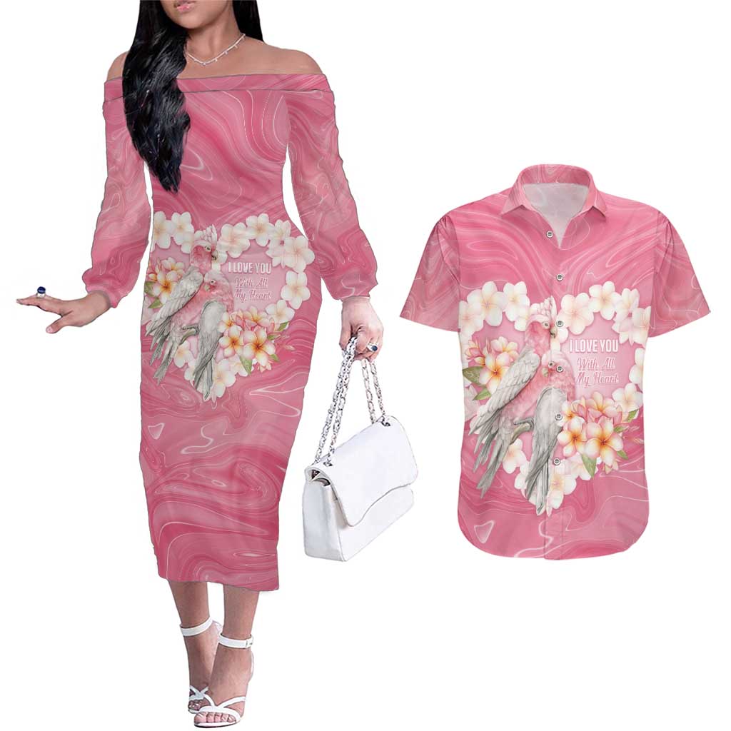 Personalised Pink Galah Australia Valentine's Day Couples Matching Off The Shoulder Long Sleeve Dress and Hawaiian Shirt I Love You With All My Heart - Aussie Hoodie