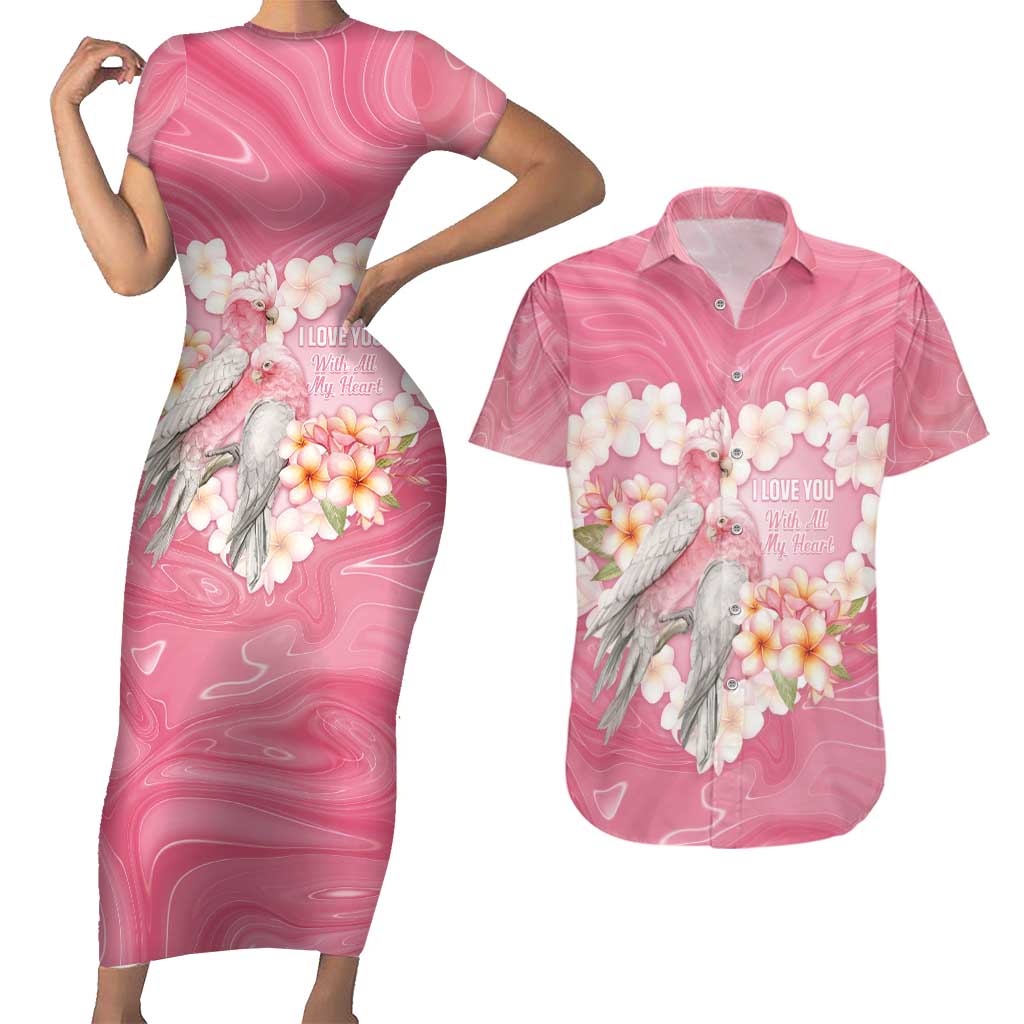 Personalised Pink Galah Australia Valentine's Day Couples Matching Short Sleeve Bodycon Dress and Hawaiian Shirt I Love You With All My Heart - Aussie Hoodie