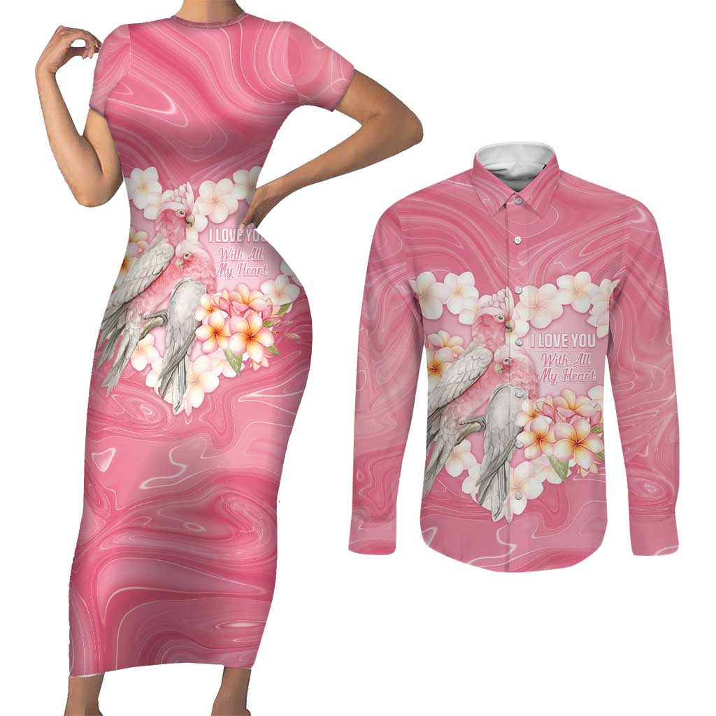 Personalised Pink Galah Australia Valentine's Day Couples Matching Short Sleeve Bodycon Dress and Long Sleeve Button Shirt I Love You With All My Heart - Aussie Hoodie