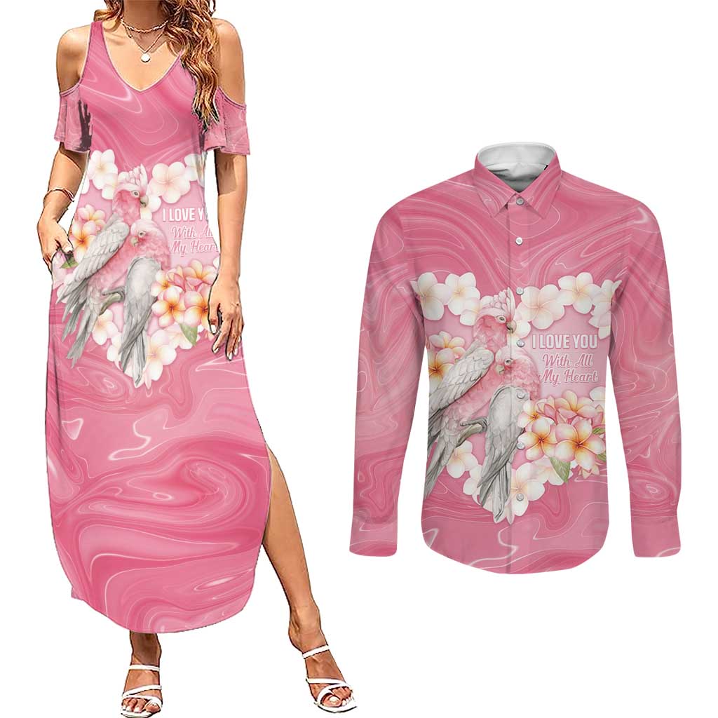 Personalised Pink Galah Australia Valentine's Day Couples Matching Summer Maxi Dress and Long Sleeve Button Shirt I Love You With All My Heart - Aussie Hoodie