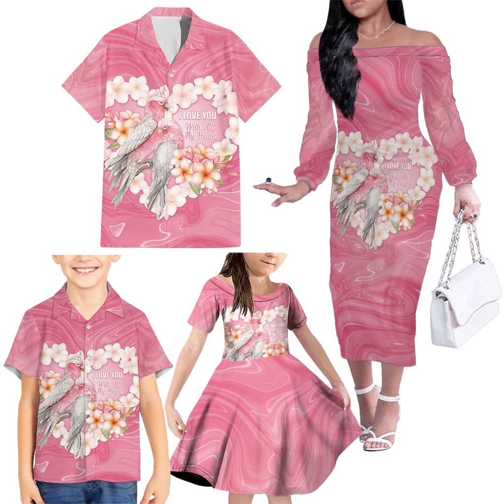 Personalised Pink Galah Australia Valentine's Day Family Matching Off The Shoulder Long Sleeve Dress and Hawaiian Shirt I Love You With All My Heart - Aussie Hoodie