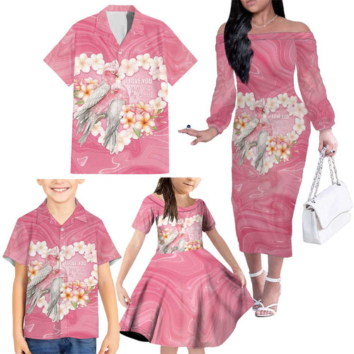 Personalised Pink Galah Australia Valentine's Day Family Matching Off The Shoulder Long Sleeve Dress and Hawaiian Shirt I Love You With All My Heart - Aussie Hoodie