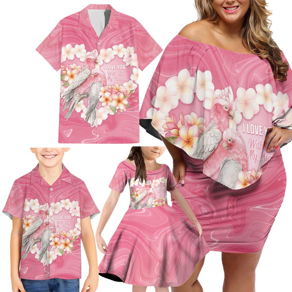 Personalised Pink Galah Australia Valentine's Day Family Matching Off Shoulder Short Dress and Hawaiian Shirt I Love You With All My Heart - Aussie Hoodie