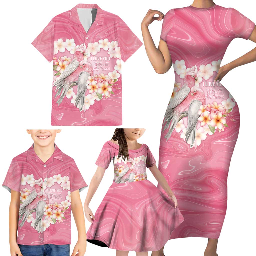 Personalised Pink Galah Australia Valentine's Day Family Matching Short Sleeve Bodycon Dress and Hawaiian Shirt I Love You With All My Heart - Aussie Hoodie