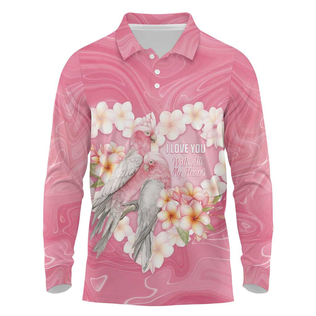 Personalised Pink Galah Australia Valentine's Day Long Sleeve Polo Shirt I Love You With All My Heart - Aussie Hoodie
