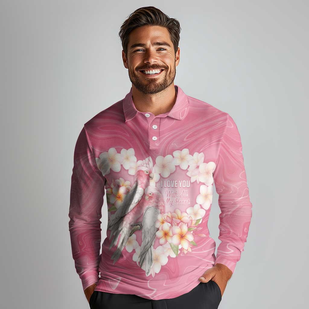 Personalised Pink Galah Australia Valentine's Day Long Sleeve Polo Shirt I Love You With All My Heart - Aussie Hoodie