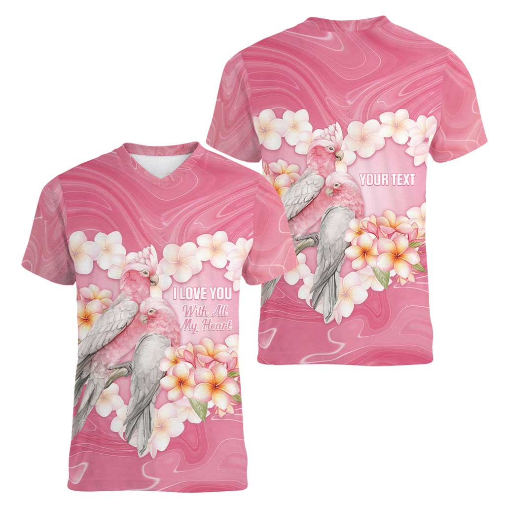 Personalised Pink Galah Australia Valentine's Day Women V-Neck T-Shirt I Love You With All My Heart - Aussie Hoodie