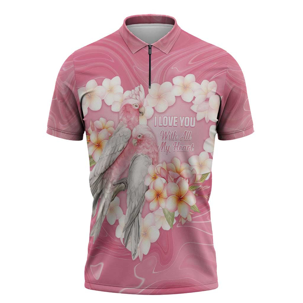 Personalised Pink Galah Australia Valentine's Day Zipper Polo Shirt I Love You With All My Heart - Aussie Hoodie