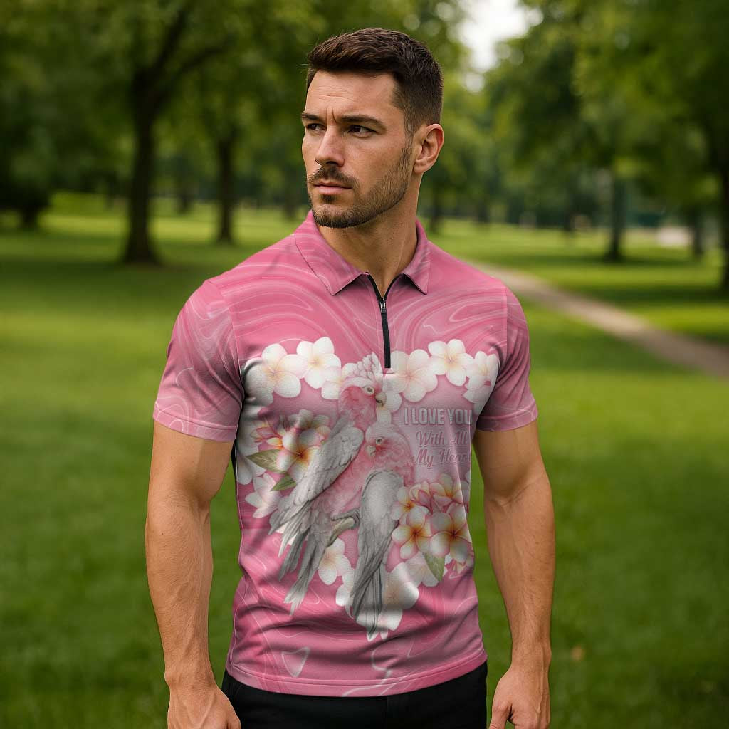 Personalised Pink Galah Australia Valentine's Day Zipper Polo Shirt I Love You With All My Heart - Aussie Hoodie