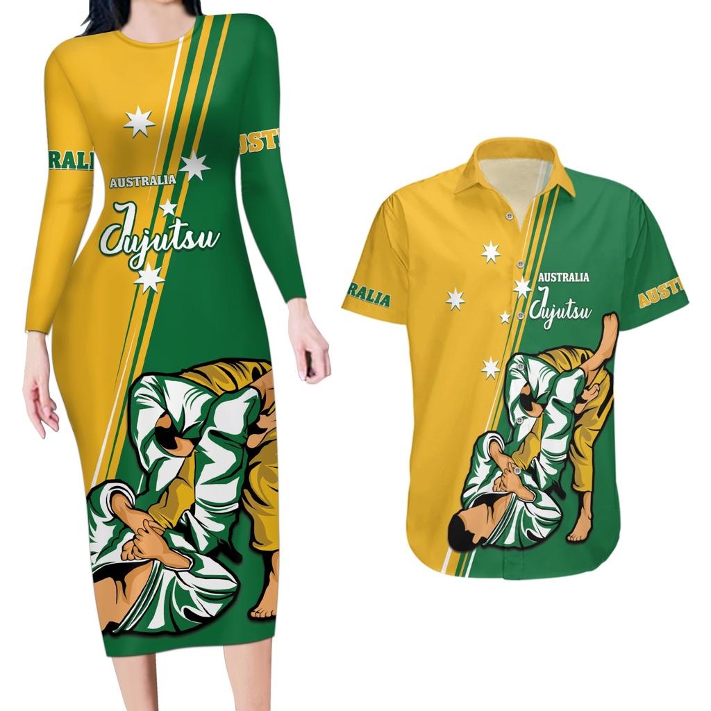 Australia Jujitsu Couples Matching Long Sleeve Bodycon Dress and Hawaiian Shirt Tap Out Or Pass Out National Color