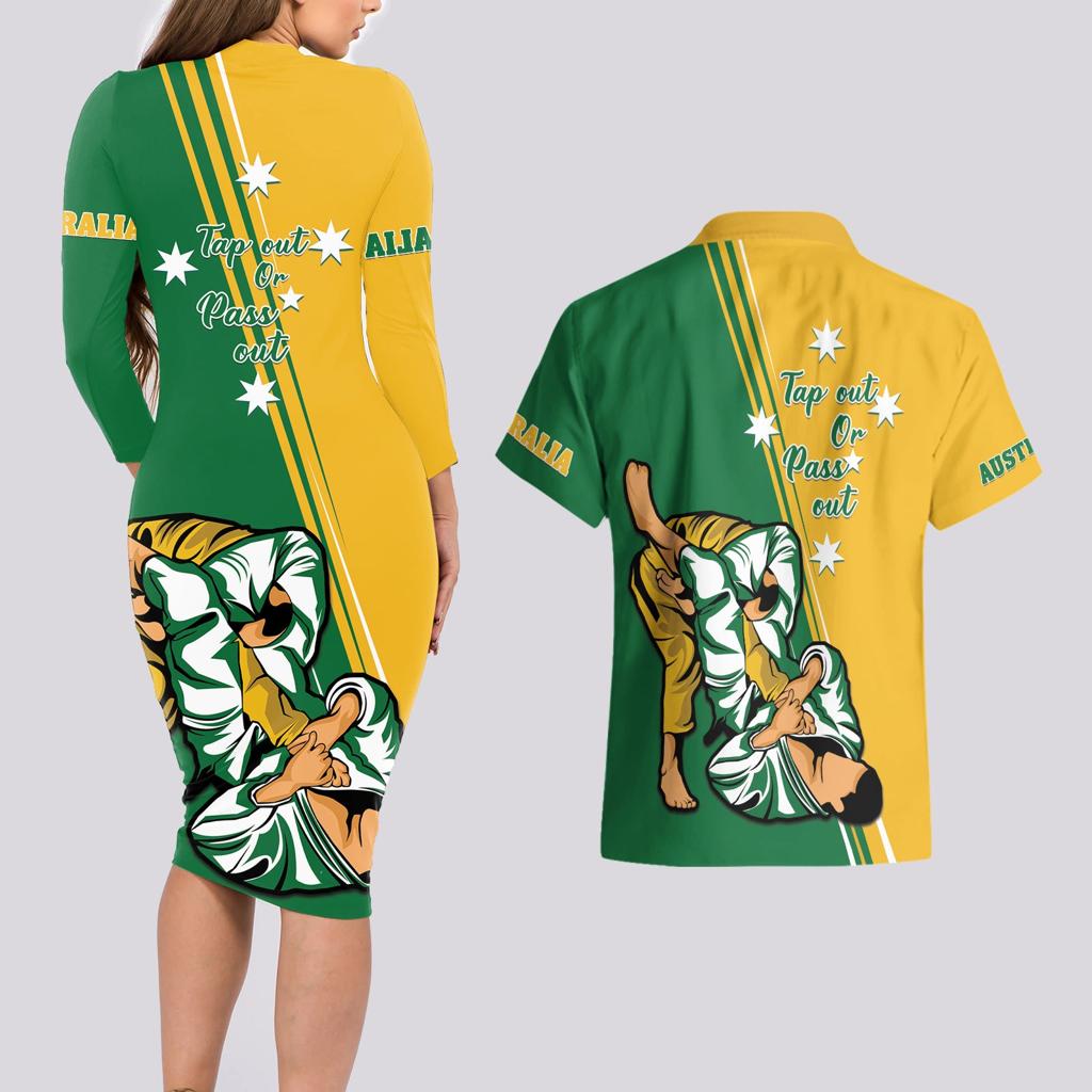 Australia Jujitsu Couples Matching Long Sleeve Bodycon Dress and Hawaiian Shirt Tap Out Or Pass Out National Color