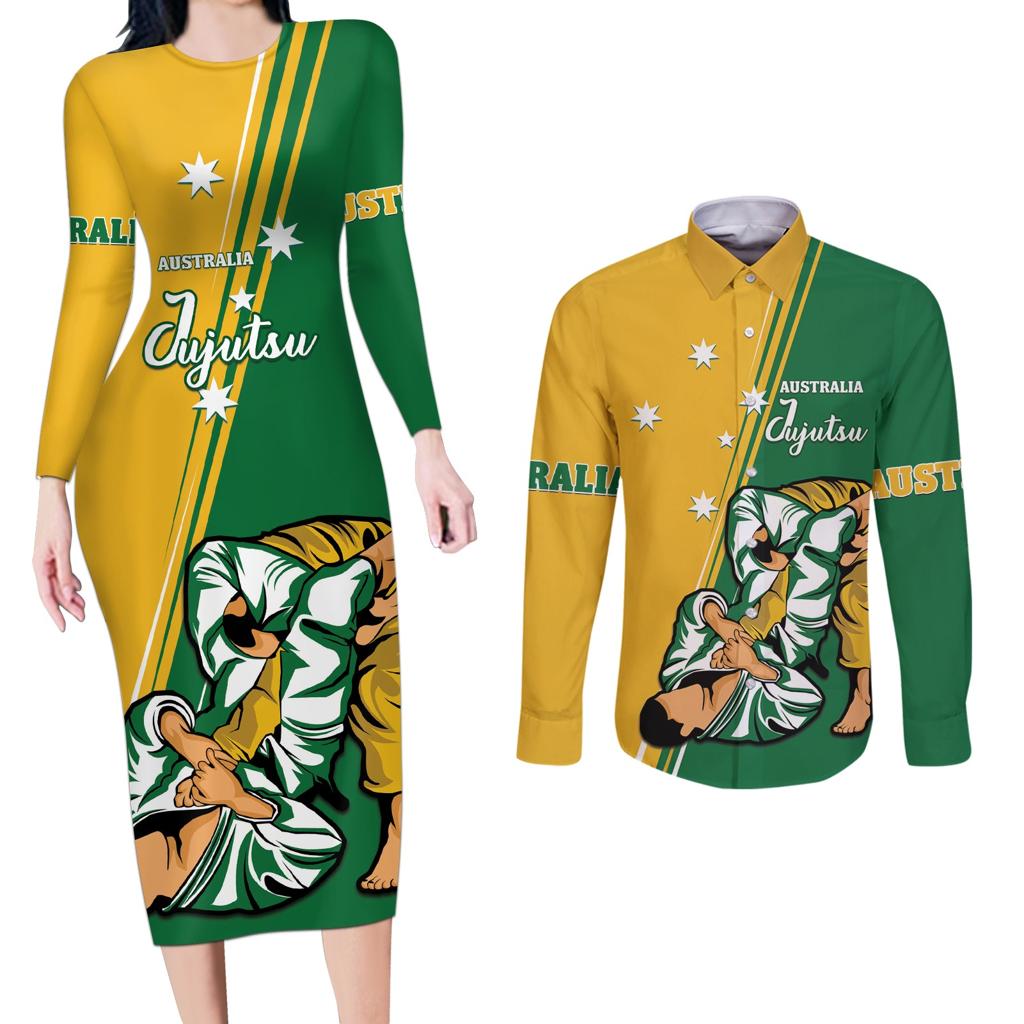 Australia Jujitsu Couples Matching Long Sleeve Bodycon Dress and Long Sleeve Button Shirt Tap Out Or Pass Out National Color