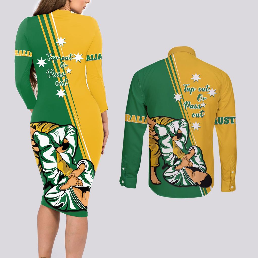 Australia Jujitsu Couples Matching Long Sleeve Bodycon Dress and Long Sleeve Button Shirt Tap Out Or Pass Out National Color
