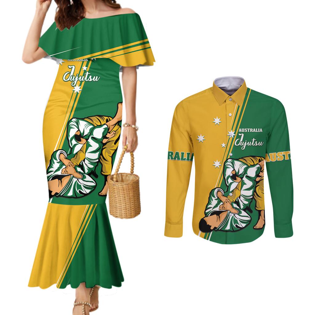 Australia Jujitsu Couples Matching Mermaid Dress and Long Sleeve Button Shirt Tap Out Or Pass Out National Color