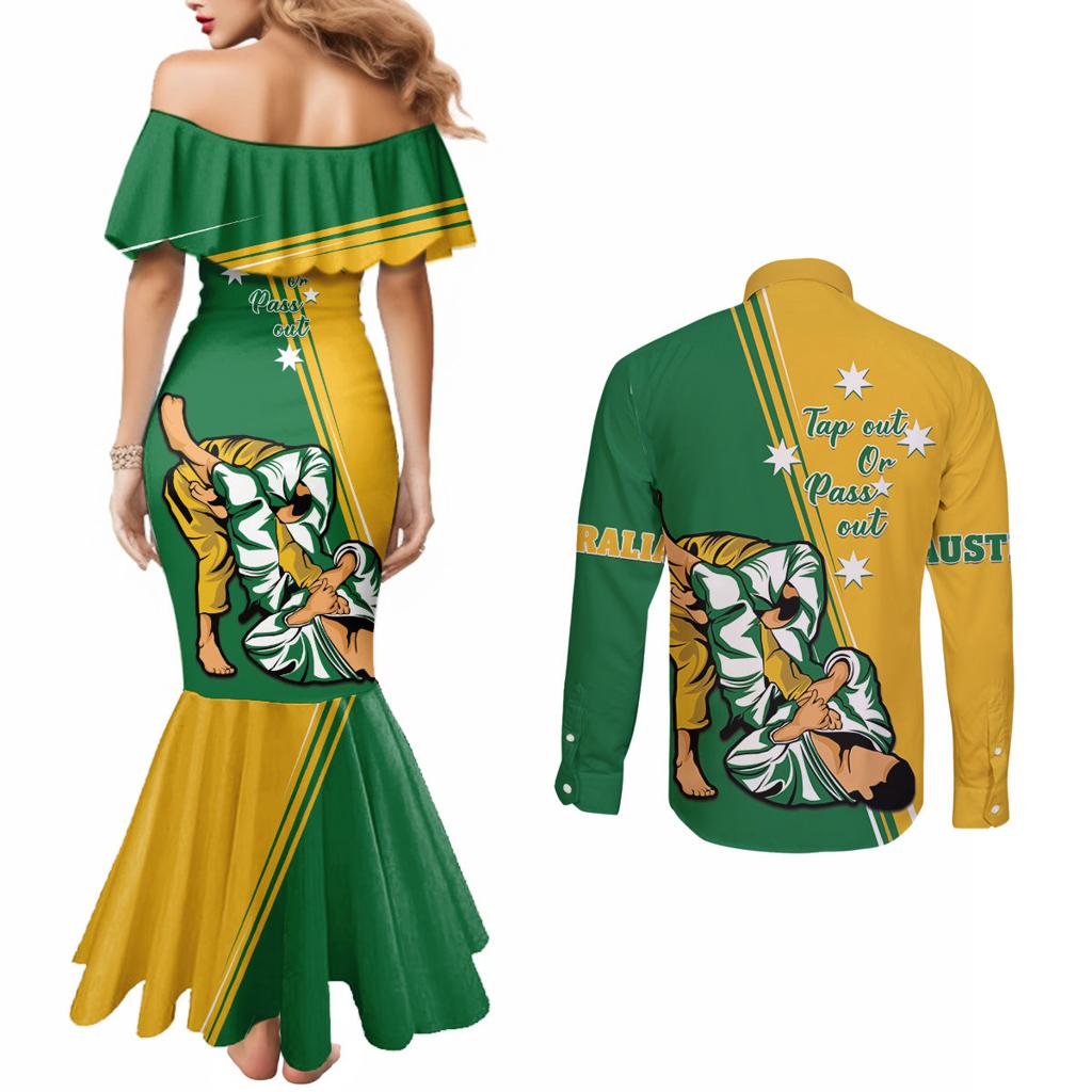 Australia Jujitsu Couples Matching Mermaid Dress and Long Sleeve Button Shirt Tap Out Or Pass Out National Color